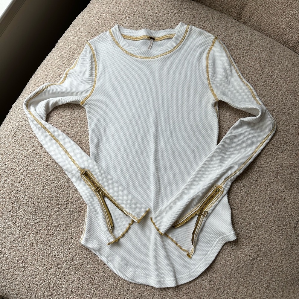 Free People White Long Sleeve Top with Gold Accents